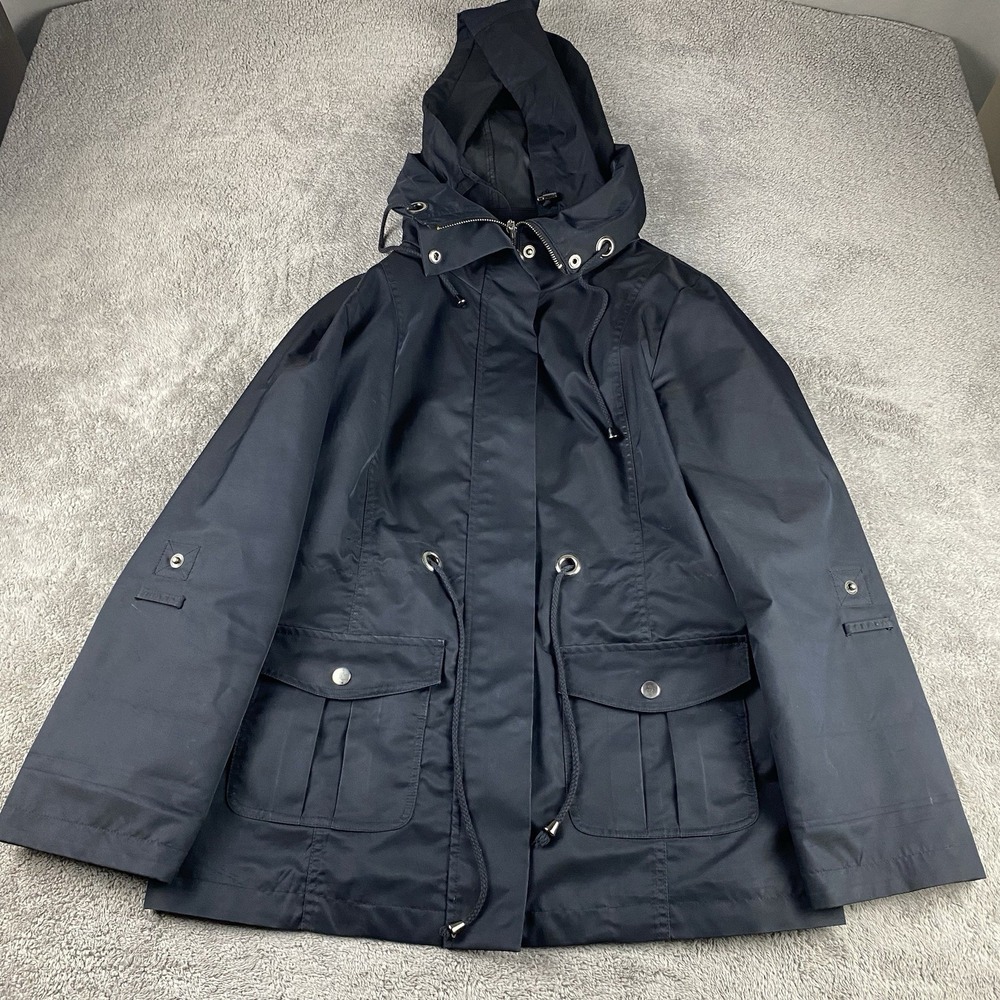 Style & Co Full Zip Button Hood Pocket Rain Jacket Womens Medium Black